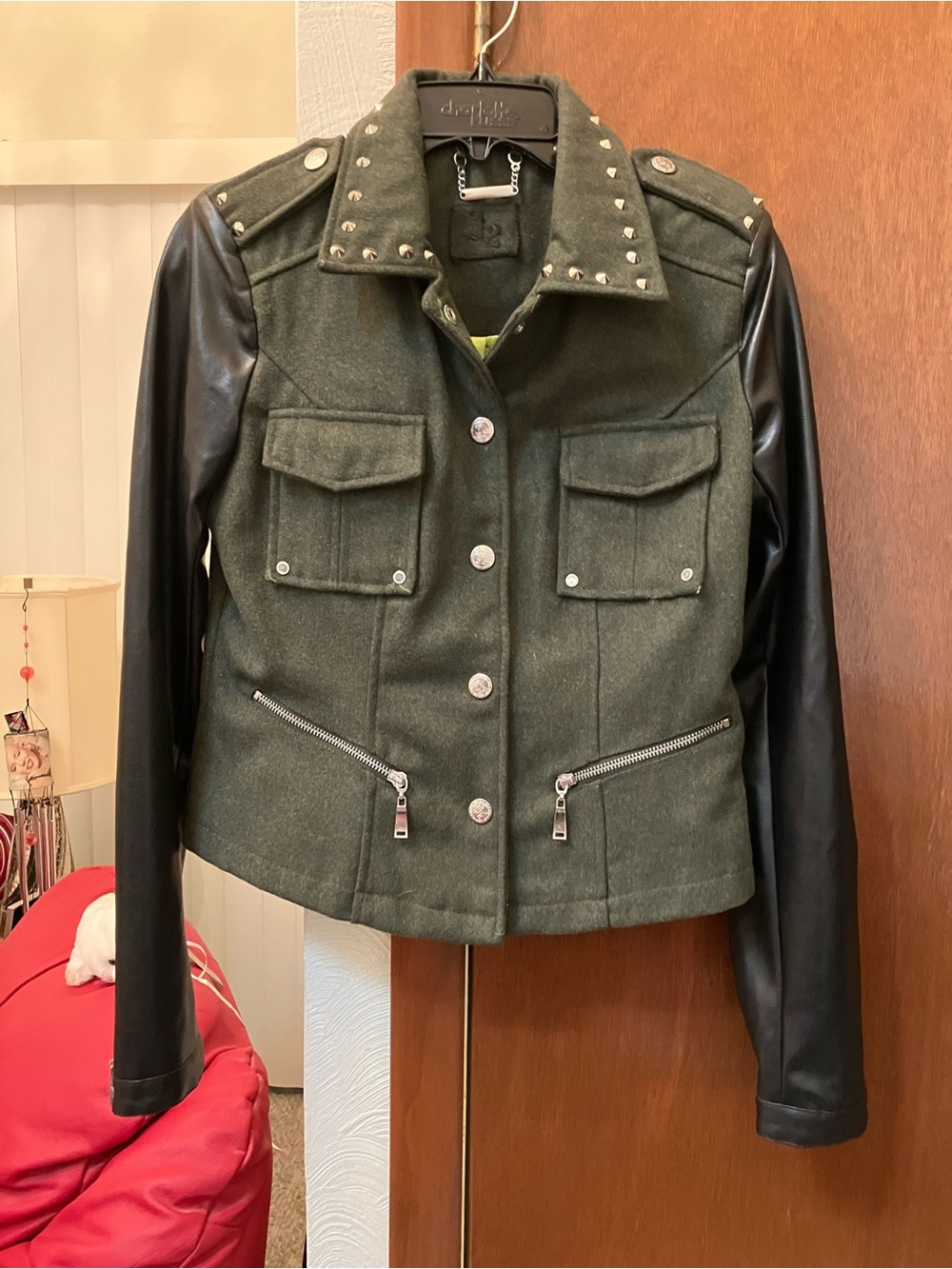 Studded Olive Utility Jacket with Black Faux-Leather Sleeves